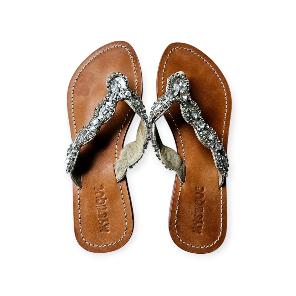 Mystique Boutique Rhinestone Beaded Leather Flip Flop Sandals Size 6 - Picture 4 of 9